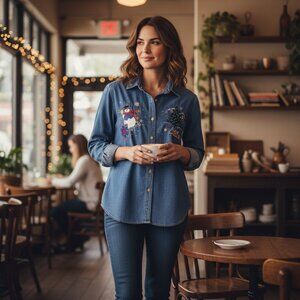 Vintage Bobbie Brooks Chambray Shirt Women's M Blue Embroidered Snowman Cotton